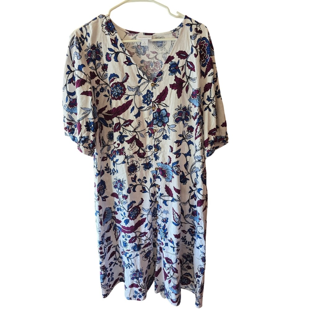 Liz‎ Claiborne Long Dress 12 Womens White Floral V Neck Short Sleeve Linen Blend